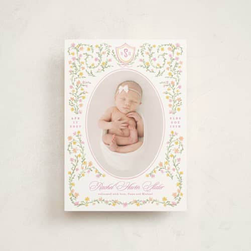 This is a cotton candy petite birth announcements with standard by Creo Study called cottagecore printing on signature in petite