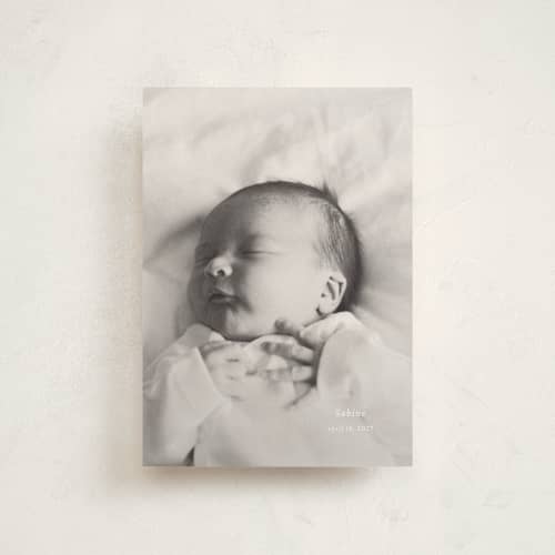 This is a linen birth announcement postcards with standard by Ani Somi called sabine printing on signature in postcard