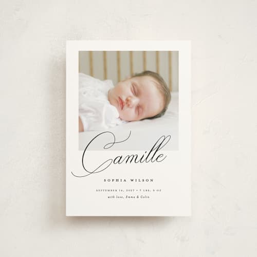 This is a ebony birth announcement postcards with standard by Benita Crandall called the script printing on signature in postcard