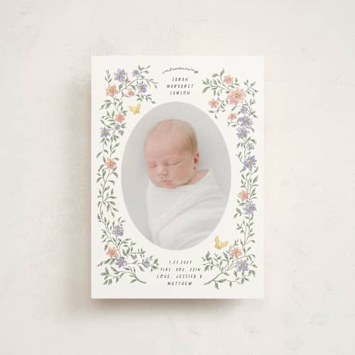 This is a garden birth announcement postcards with standard by Grae called tiny flowers printing on signature in postcard