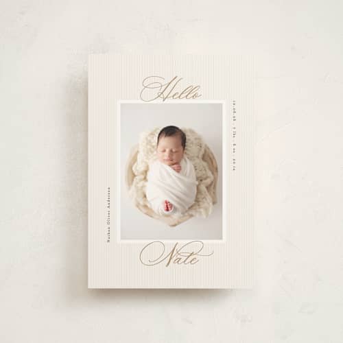 This is a sand birth announcement postcards with standard by Gwen Bedat called sweet stripes printing on signature in postcard