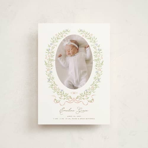 This is a vintage rose birth announcement postcards with standard by Susan Zinader called floral crest printing on signature in postcard