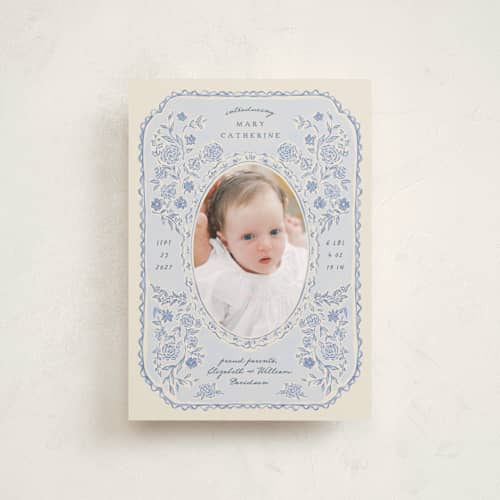 This is a delft birth announcement postcards with standard by Grae called porcelain and lace printing on signature in postcard