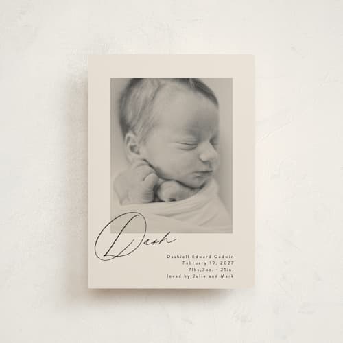 This is a vanilla birth announcement postcards with standard by Olivia Raufman called dashing printing on signature in postcard