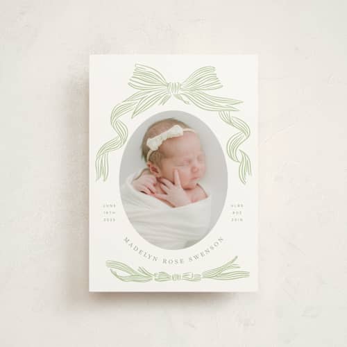 This is a mint birth announcement postcards with standard by Stephanie Hawkes called ribbon bow frame printing on signature in postcard