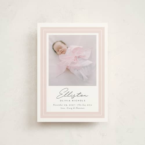This is a blush birth announcement postcards with standard by Jessica Williams called serene printing on signature in postcard