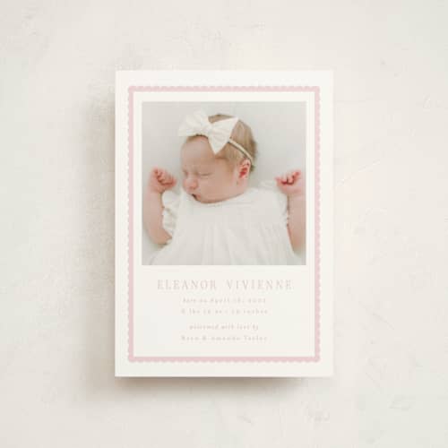 This is a petal birth announcement postcards with standard by Emily Betts called sweetest scallop printing on signature in postcard