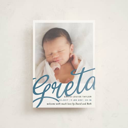 This is a ocean birth announcement postcards with standard by Alethea and Ruth called sweeping name printing on signature in postcard