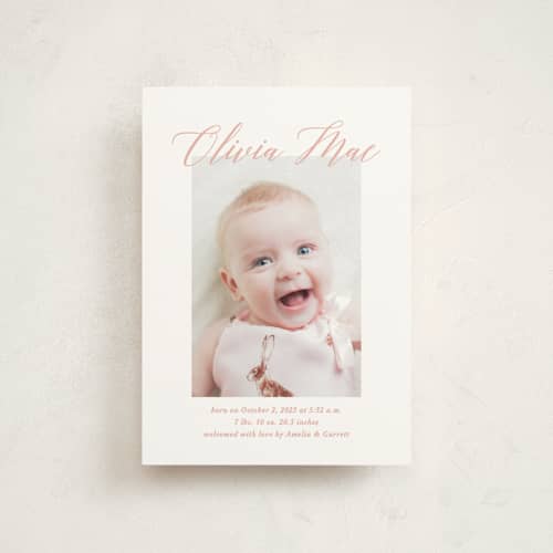 This is a sweet pea birth announcement postcards with standard by Jennifer Postorino called sweet script printing on signature in postcard
