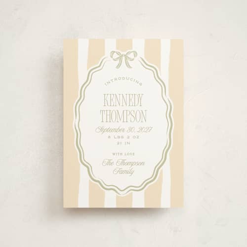 This is a sage birth announcement postcards with standard by Robert and Stella called bow frame printing on signature in postcard