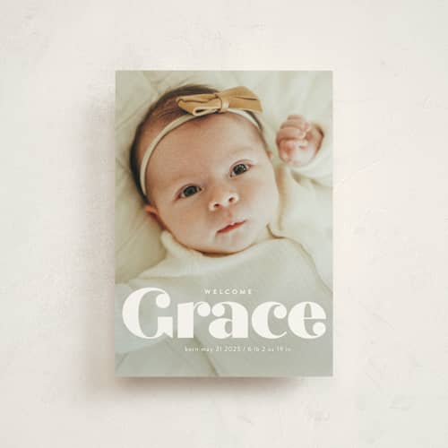 This is a pearl birth announcement postcards with standard by Lori Wemple called name printing on signature in postcard