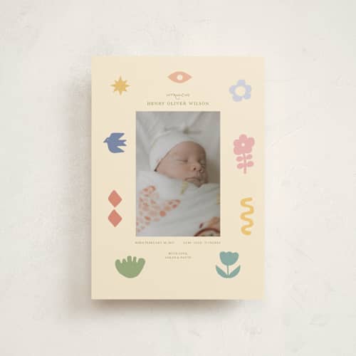 This is a confetti birth announcement postcards with standard by Rina Ozum called scandi folk printing on signature in postcard