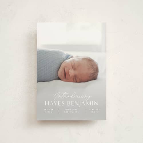 This is a snow birth announcement postcards with standard by Michelle Taylor called typographic mix printing on signature in postcard