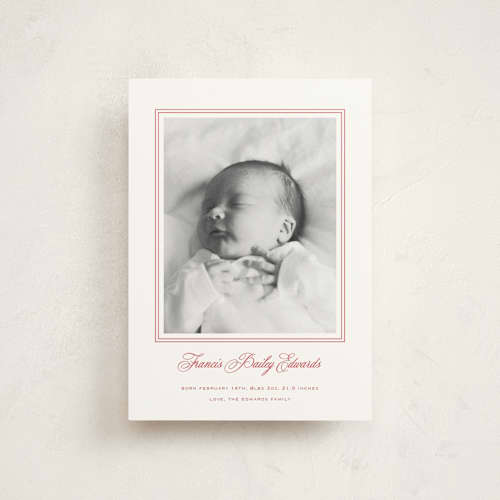 This is a strawberry birth announcement postcards with standard by Carolyn MacLaren called preppy cloud printing on signature in postcard