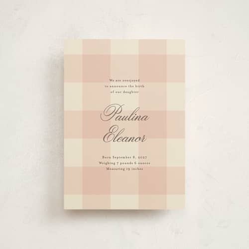 This is a blush birth announcement postcards with standard by Ellen Schlegelmilch called sweet gingham printing on signature in postcard