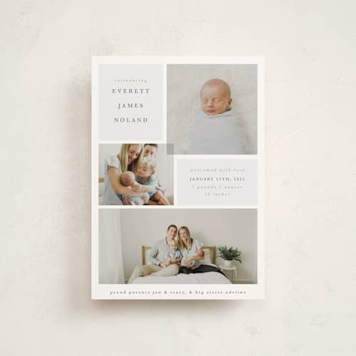 This is a dusty blue birth announcement postcards with standard by Julie Murray called love multiplies printing on signature in postcard