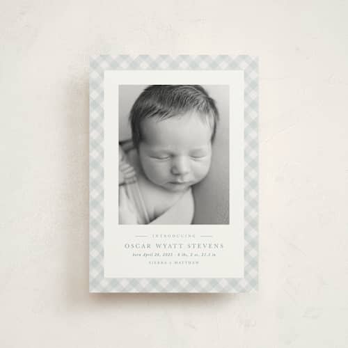 This is a sky birth announcement postcards with standard by Lea Delaveris called checked printing on signature in postcard