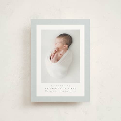 This is a powder birth announcement postcards with standard by Lea Delaveris called linen frame printing on signature in postcard