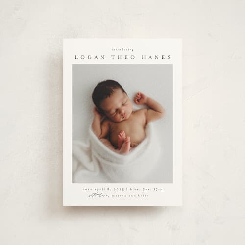 This is a sugar birth announcement postcards with standard by Chris Griffith called frame of happiness printing on signature in postcard