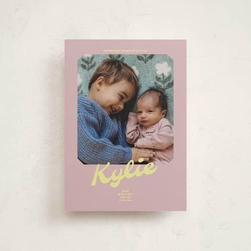 This is a mauve birth announcement postcards with standard by Inkblot Design called retro printing on signature in postcard