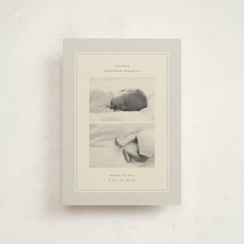 This is a powder birth announcement postcards with standard by Ellen Schlegelmilch called pinstripe printing on signature in postcard