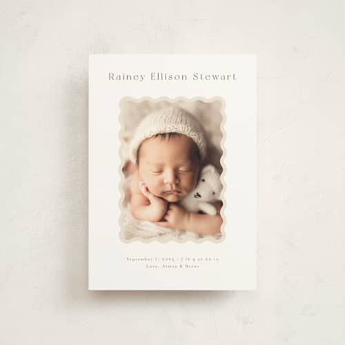 This is a oatmeal birth announcement postcards with standard by Jennifer Wick called applique printing on signature in postcard
