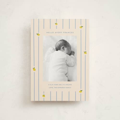 This is a carribean birth announcement postcards with standard by Carolyn MacLaren called lemon stripes printing on signature in postcard