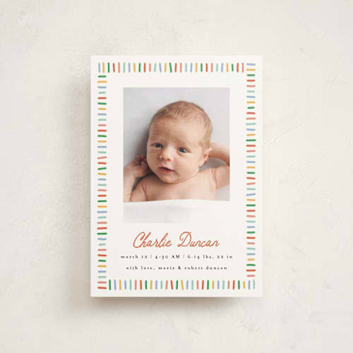 This is a rainbow birth announcement postcards with standard by Maria Alou called coloring book printing on signature in postcard