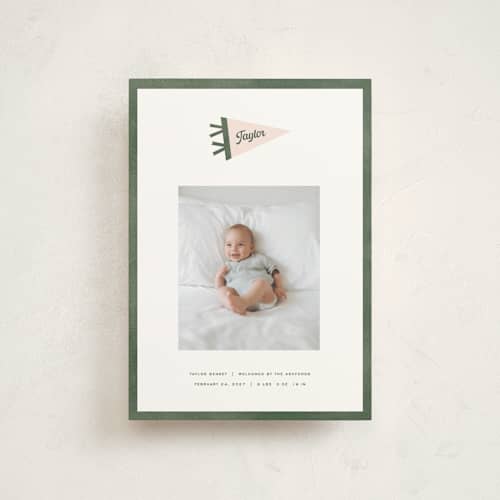 This is a ivy birth announcement postcards with standard by Pixel and Hank called pennant printing on signature in postcard