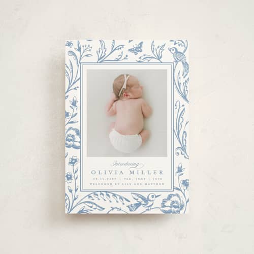 This is a cloud birth announcement postcards with standard by Teju Reval called dreamy garden printing on signature in postcard