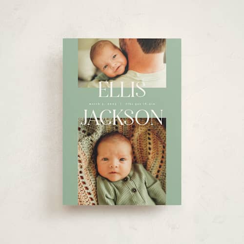 This is a aloe birth announcement postcards with standard by Pixel and Hank called double time printing on signature in postcard