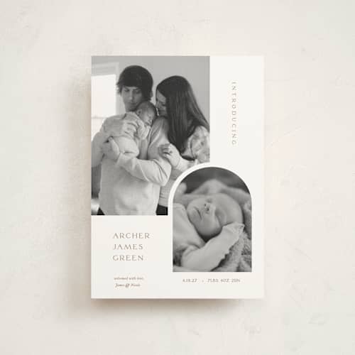 This is a cotton birth announcement postcards with standard by Robin Ott called modern inset printing on signature in postcard
