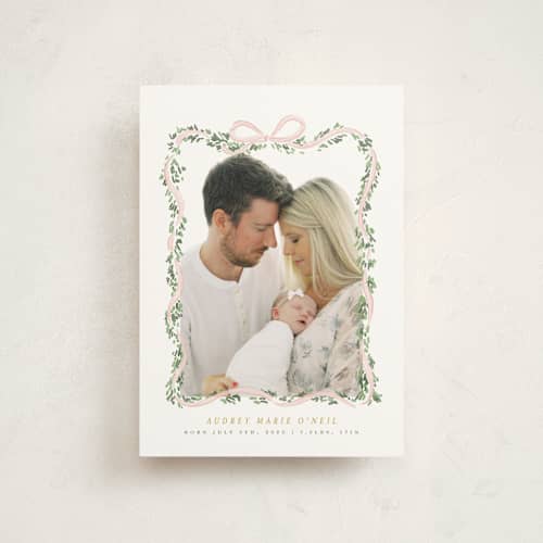This is a blush birth announcement postcards with standard by Itsy Belle Studio called ribbonly frame printing on signature in postcard