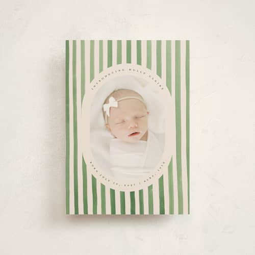 This is a candy apple birth announcement postcards with standard by Teju Reval called vintage stripes printing on signature in postcard