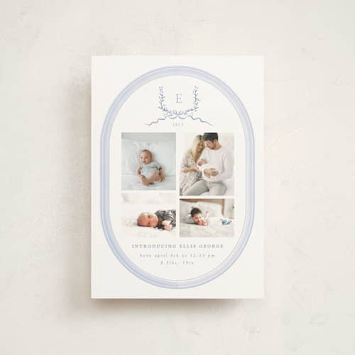 This is a frost birth announcement postcards with standard by Corinne Malesic called festive monogram printing on signature in postcard