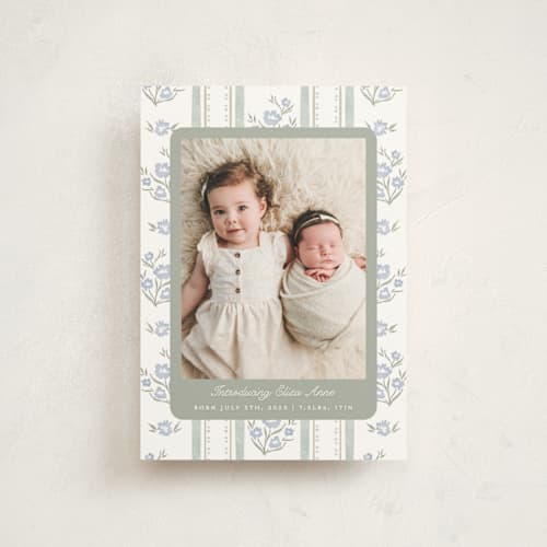 This is a periwinkle birth announcement postcards with standard by Jackie Crawford called cottage watercolor ribbon printing on signature in postcard
