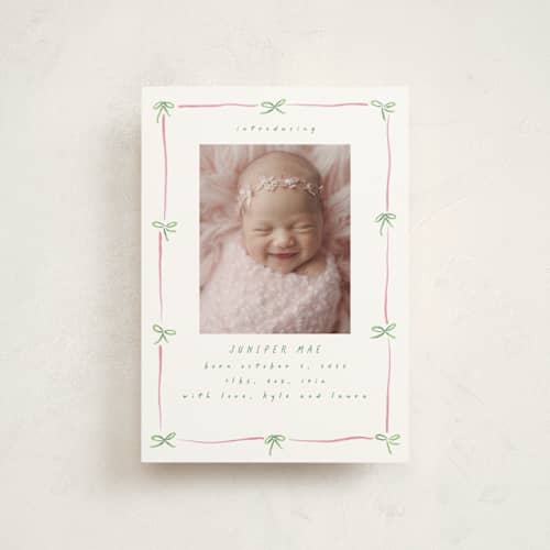 This is a candy birth announcement postcards with standard by Susan Zinader called preppy bow border printing on signature in postcard