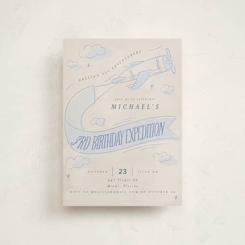 This is a sky petite kids birthday invitations with standard by Vera Lim called fly with me printing on signature in petite