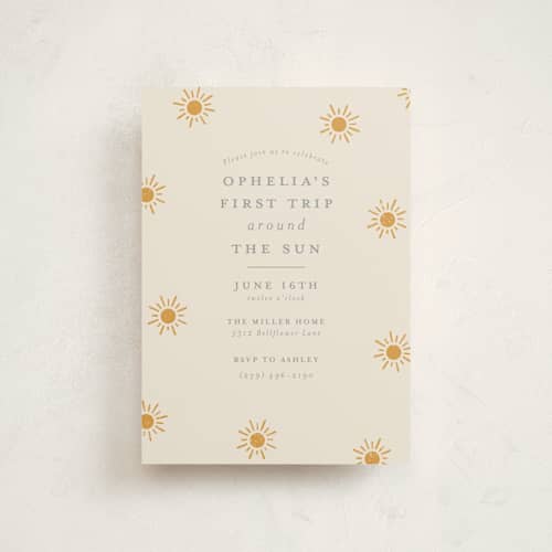 This is a golden sun petite kids birthday invitations with standard by Meggy Masters called sun toss printing on signature in petite