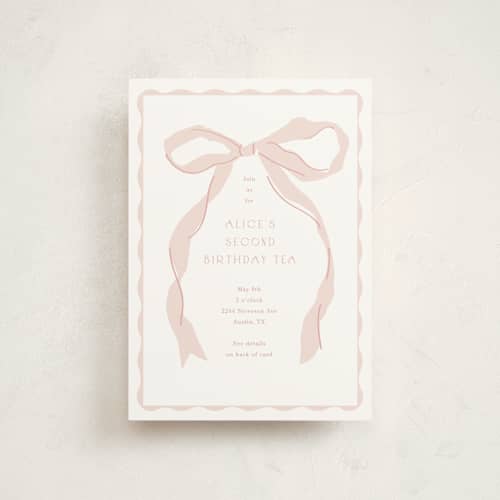 This is a blush petite kids birthday invitations with standard by Baumbirdy called framed bow printing on signature in petite