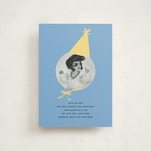 This is a lemon petite kids birthday invitations with standard by Jennifer Lew called birthday hat printing on signature in petite