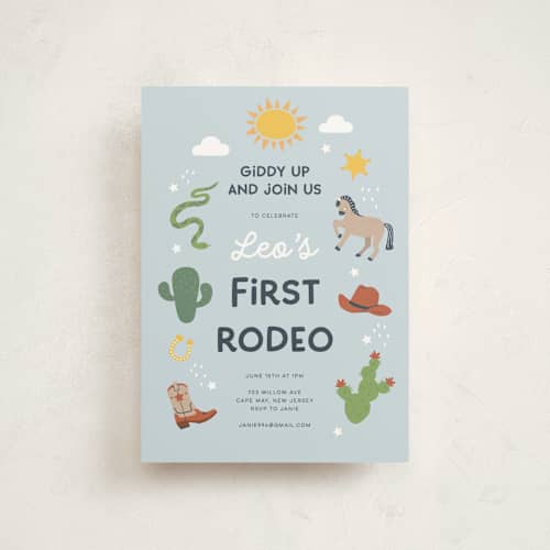 This is a sky petite kids birthday invitations with standard by peetie design called my friendly rodeo printing on signature in petite