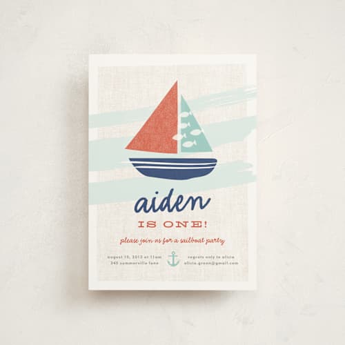 This is a teal petite kids birthday invitations with standard by Carolyn MacLaren called regatta race printing on signature in petite