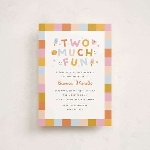 This is a gumdrop petite kids birthday invitations with standard by Carmia C. called two much fun printing on signature in petite
