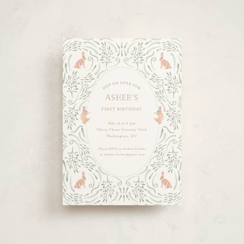 This is a mint petite kids birthday invitations with standard by Hallie Fischer called hop on over ii printing on signature in petite