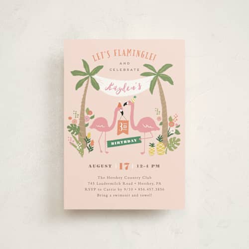 This is a cotton candy petite kids birthday invitations with standard by Jennifer Wick called let's flamingle! printing on signature in petite