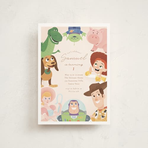 This is a taupe petite kids birthday invitations with standard by Sabrin Deirani called disney's and pixar toy story friends printing on signature in petite