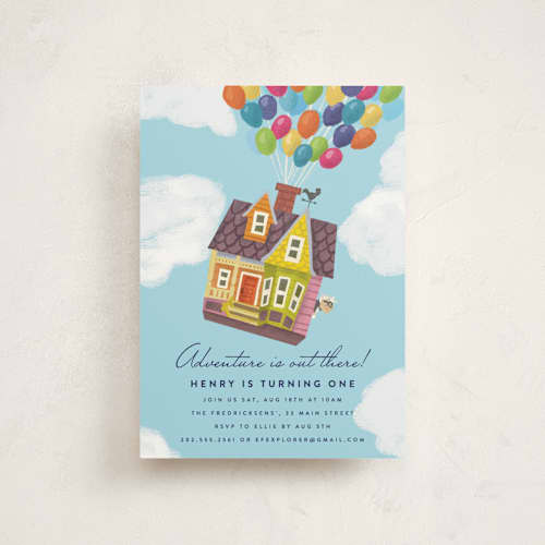 This is a sky petite kids birthday invitations with standard by Brooke Chandler called disney and pixar's adventure is out there! printing on signature in petite