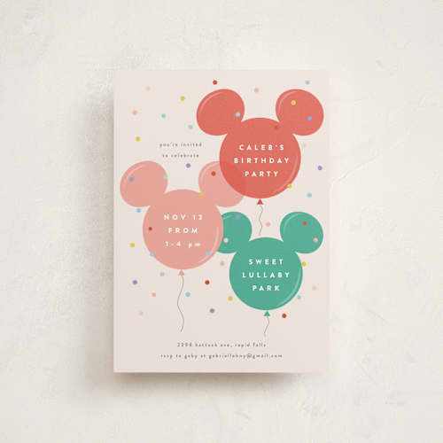 This is a berry petite kids birthday invitations with standard by chocomocacino called disney's mickey mouse balloon trio printing on signature in petite