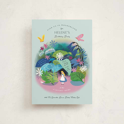 This is a aqua petite kids birthday invitations with standard by Becky Nimoy called disney's alice in wonderland in the flower garden printing on signature in petite